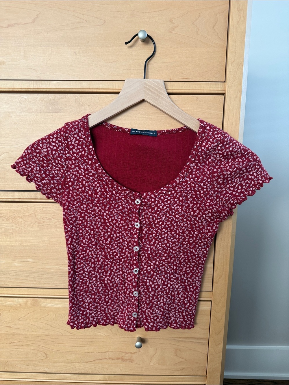 Brandy Melville Burgundy Red Floral Button-Up Crop Top